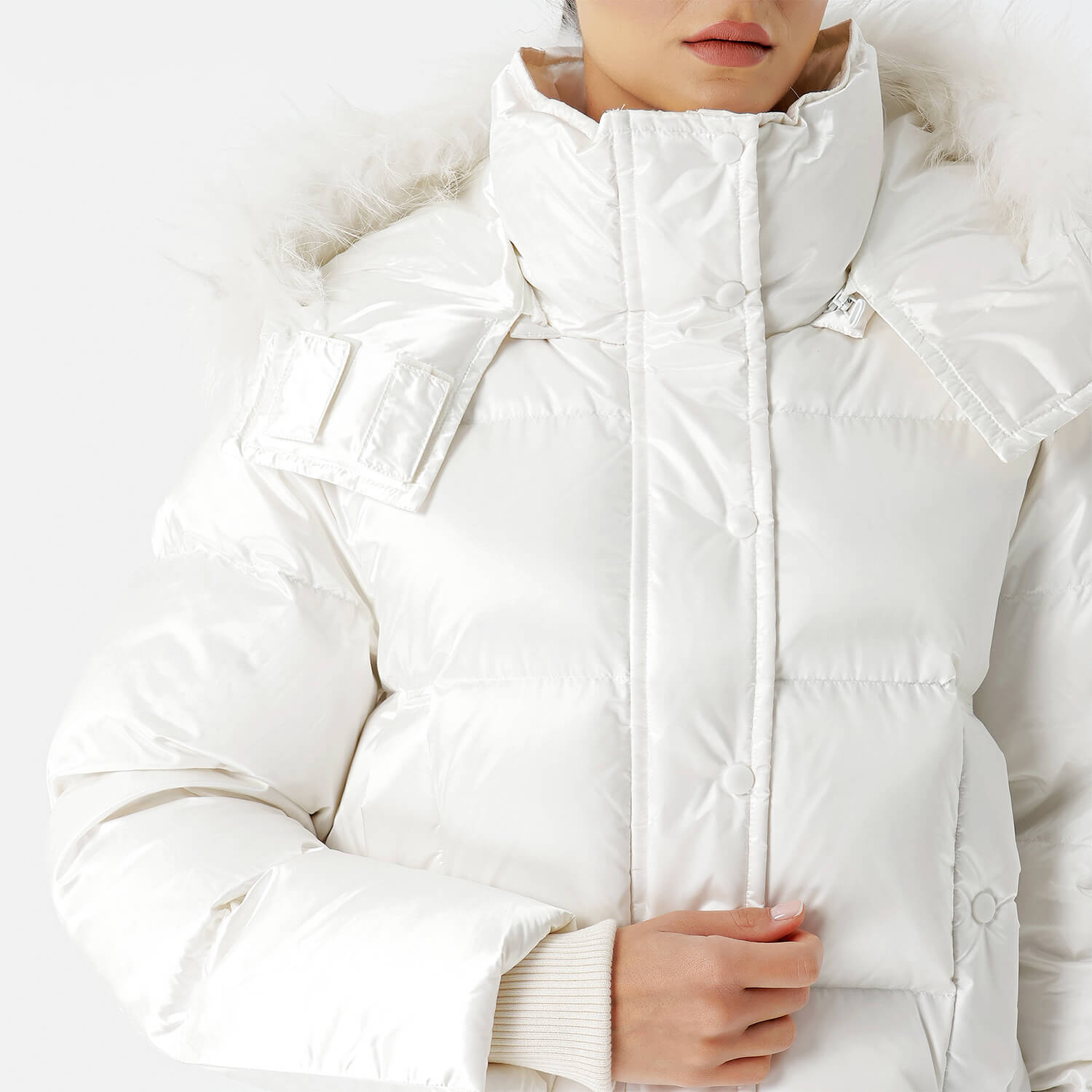 Mo &Co - White Fur Detail Puffer Hooded Coat